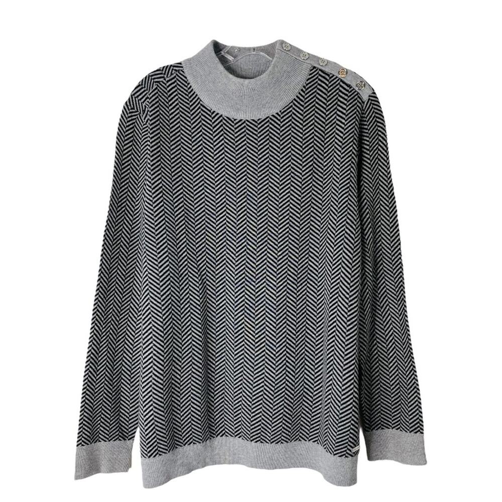 Calvin Klein grey black striped button pullover mock neck preppy sweater large